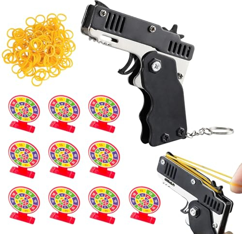 Spielzeug Pistole,Spielzeug Pistole Kinder,Mini Gummibandpistole aus Metall,Kinder Pistole,Klappbar Spielzeug Pistole,Metal Folding Schlüsselbund für Schießspiel Outdoor-Aktivitäten für Kinder