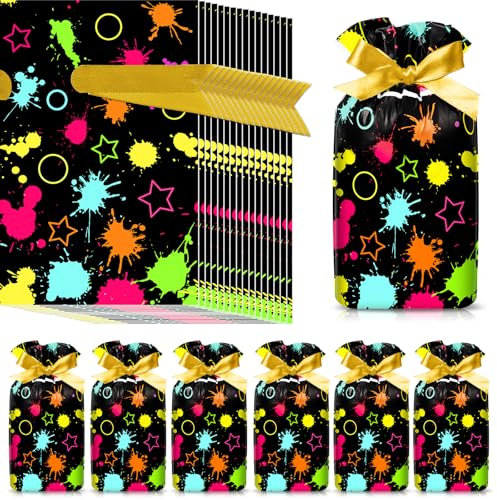 Capoda Süßigkeitentüten mit Kordelzug, leuchtet im Dunkeln, Partyzubehör, Kunststoff, bunt, Neonbeutel für Geburtstagsparty, Dekoration, Geschenkpapier, 50 Stück