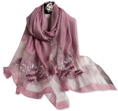 LumiSyne Seidenschal Chiffon Schal Für Damen Perlen Stickerei Blumen Muster Transparenter Tüll Leichte Weich Lange Halstücher Sonnenschutz Stola Durchsichtiger Schal Frühling Herbst