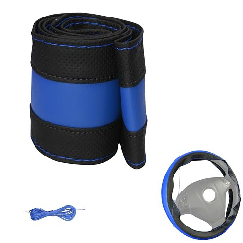 Lenkradbezug Pu Leder, Auto Lenkradhülle zum schnüren Nähen mit Nadel und Faden Spezial Sport Design M3 Schwarz Blau Universalgrösse 37-39 cm