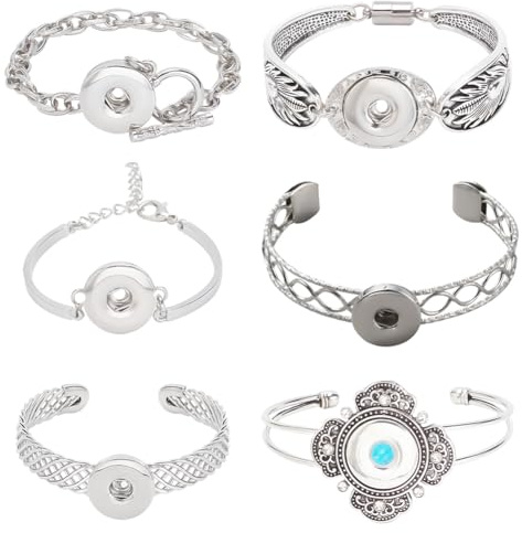 DELORIGIN 6 Stück Schnapp Armreif Armbänder Metall Armband Mit Druckknöpfe Austauschbare Druckknopf Armreif Charms Metall Armband Silber Armband Druckknopf Schmuckkette Für Frauen Herstellung von DIY