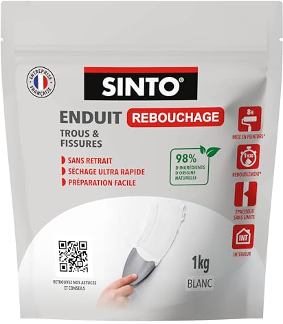 SINTO - Enduit de Rebouchage Poudre - 1kg - Sachet Doypack - Bois, Plâtre, Ciment, Briques - Sans Odeur - Séchage Rapide - Excellente Adhérence - Intérieur Extérieur - Technique Professionnelle