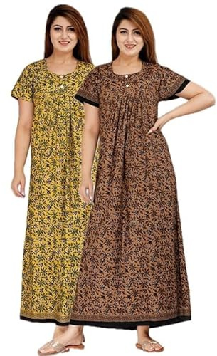 YUKATA Nighty - Vestido largo de algodón estampado hasta el tobillo, vestido de noche para mujer, talla única (paquete de 2), Musterd&Brown, Free Size