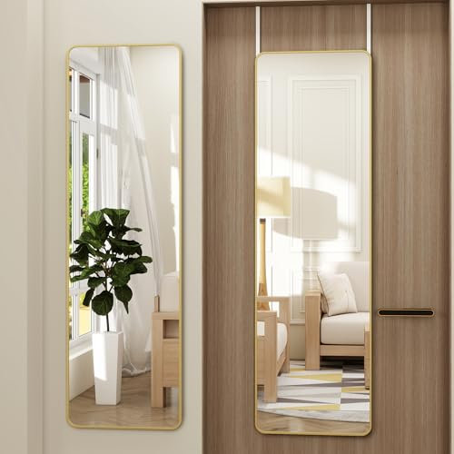 JAWGLOW Full Length Door Mirror 14x48, Metal Frame with Protective Film, No-Drilling Hanging or Wall Mount (Horizontal/Vertical), Hooks & Hardware Included, Full Body Mirror for Bedroom, Dorm, Gold