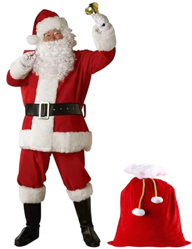 11PCS/Set Santa Claus Costume Santa Outfit for Men Women Christmas Costumes Include Jacket Trousers Hat Wig Beard Glasses Gloves Bell Boot Covers Belt & Bag 5XL