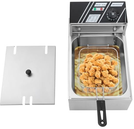 WOQLIBE Freidora eléctrica de 2500 W (60-200 ℃/140-392℉) con escurridor de aceite, freidora de acero inoxidable para pescado, rosquillas, alitas de pollo y albóndigas fritas (plata)