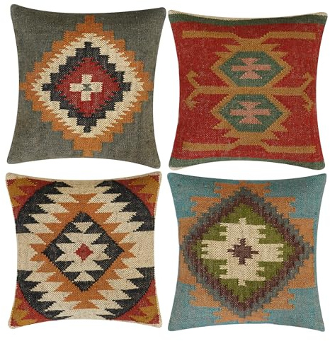 INDACORIFY 4-teiliges Set Kelim-Kissenbezug aus Wolle, Jute, handgewebt, Vintage-Stil, türkisches Kissen, dekorativer Überwurf, Heimdekoration (Muster- 09)