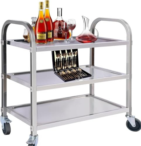 Carro de cocina de 3 niveles Carro de servicio Carro de limpieza - Acero inoxidable 201 - Ruedas silenciosas con frenos, for cocina, hotel, restaurante, cafetería, hogar, cocina, carro de almacenamien