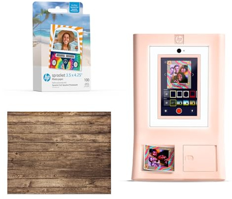 HP Sprocket Photo Booth Machine Instant Color Photo Printer (Pink) + Zink Paper (100 Sheets) + Vintage Wooden Wall Backdrop (1)