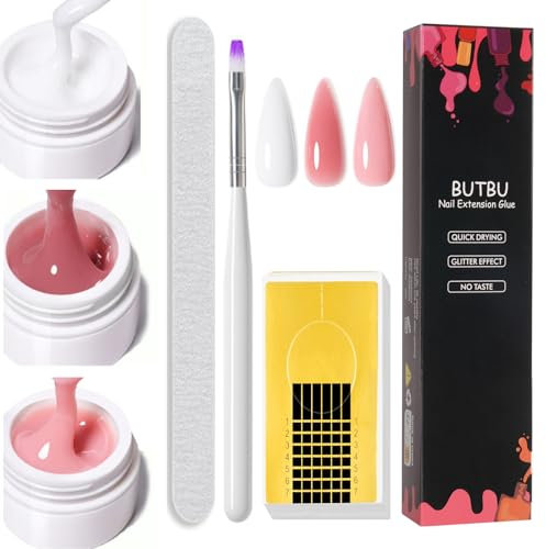 BUTBU Kit Gel de Uñas Para Constructor, 3 PCS Gel de Extensión de Uñas, con Cepillo, Lima de Uñas y Soportes, para Principiantes y Profesionales (Blanco, Rosa, Desnudo)