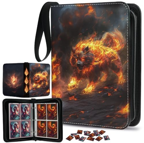 Trading Card Binder 4-Pocket Holds 400 Cards with 50 Removable Sleeves, Zipper PU Leather Collector Album Portable Card Holder with Wrist Strap, Gift for Boys Girls Kids Friends (Magma Sentinel)