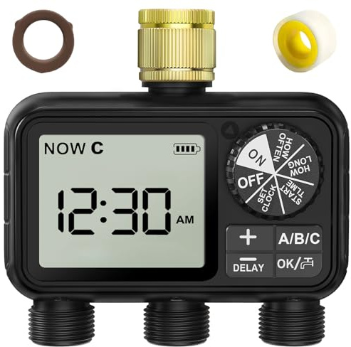 Xtsuen Wasser-Timer für Bewässerung, Schlauch-Timer mit Regenverzögerung/Automatischer & manueller Modus, Sprinkler-Timer für Garten, IPX5 wasserdicht/Großbild-LCD-Display, Kupfer