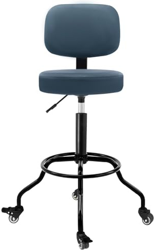 CoVibrant Heavy Duty Garage Stool with Ergonomic Backrest - Lockable Rubber Wheels & High Footrest, 360° Swivel, Adjustable Height for Work Shop Workbench, 350lbs Capacity (Blue, 26-31)