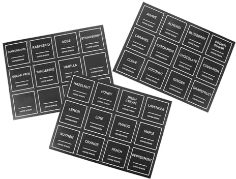 Kaffeesirup Etiketten 36 Stück, Kunststoff, Wasserfest | 3 Blatt, Schwarz, Selbstklebend und Wiederverwendbar, für Flaschen und Gläser in Küchenorganisation