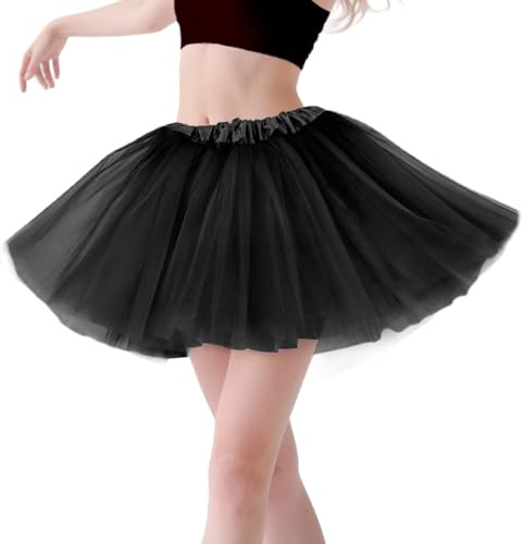 Tüllrock Damen Tutu Schwarz- Klassisch Elastisch 4 Lagig Tüllrock 80er Rock Tütü Damen Kurz Teen Dance Dress Up Party Cosplay Zubehör Vintage Ballett Tanzkleidung Ballett Helloween Festliche Karneval