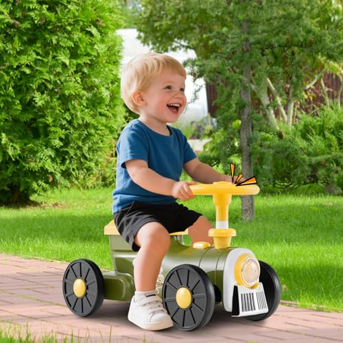 GOPLUS Porteur Enfants, Voiture à Pousser Theme Train, Volant, Klaxon et Bruit de Moteur, Rangement Siège, Voiture Pousser Jouet pour Bebe 1,5-3 Ans, Charge 15KG, 61 x 30 x 38 cm (Vert)