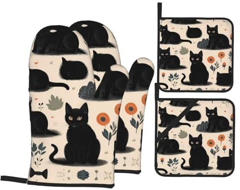 Lot de 4 maniques résistantes aux températures élevées de 260 °C - Motif chat - Pour barbecue et cuisine