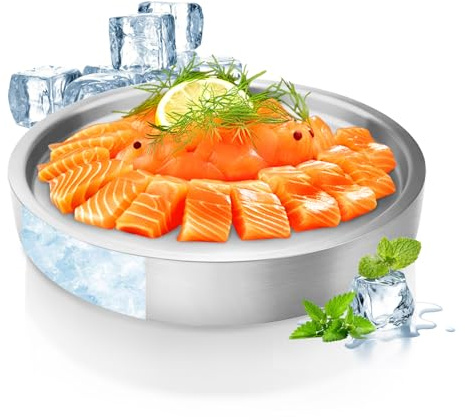 9.4 Stainless Steel Chilled Serving Trays for Parties Containers, Round Silver Ice Tray for Food Buffet Bowls Box Platter Server Cold Ice Vegetable Fruits Snacks Shrimp Cocktail Fridge (Silver)