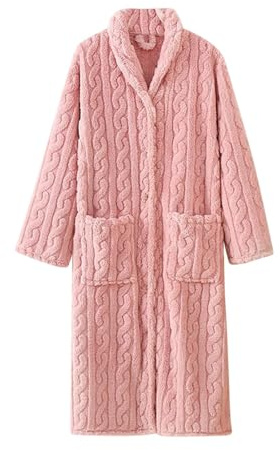 Generisch Bata de casa para mujer, cálida, bata larga de forro polar, bata monocolor, bata de casa de franela con botones, camiseta gruesa y cálida, con bolsillos, albornoces