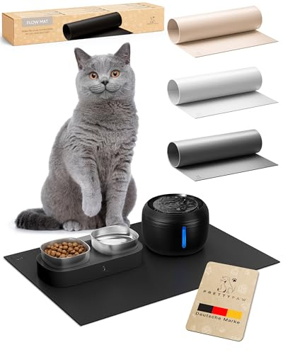 PRETTY PAW® Napfunterlage Katze 60x40cm – Zubehör für Pretty Paw Trinkbrunnen & Futternapf | Rutschfeste & Wasserdichte Futtermatte Bodenschutz für Katzen Wassernapf & Fressnapf (Schwarz, Extra Breit)