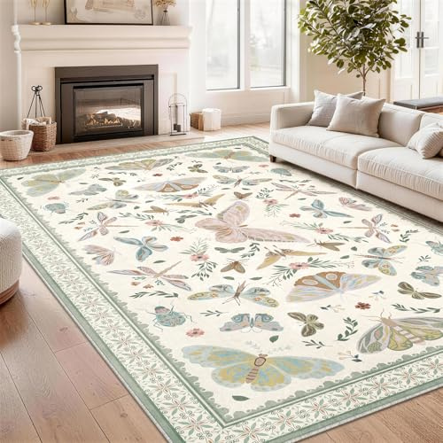 SOANNY Rug Living Room, Soft Washable Non Slip, Ivory Sage, 120x160cm | Butterfly, Low Pile, Stain Resistant, Bedroom Living Room Nursery Kids Room Playroom Bedside Office Entryway Home Decor Mat