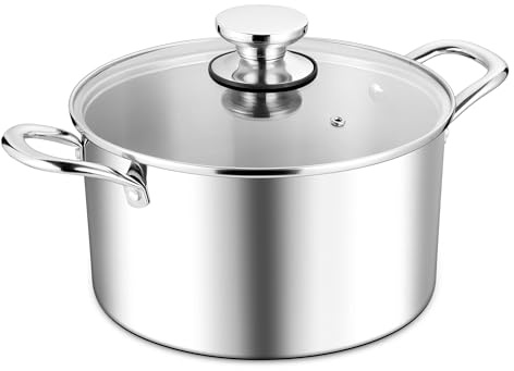 Herogo 5.8L Tri-Ply Bottom 24cm Stainless Steel Stock Pot with Visible Lid | Cooking Pot with Multiple Heating Sources, Heavy Duty in Stewing, Mirror Polished Soup Pot for Easy to Clean, Dishwasher Safe