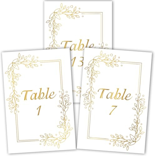 PRESSINART 26 Pezzi Carte Numeri Tavolo Oro 1-25 con Carta di Testa per Eventi di Matrimonio 6 x 4 Pollici Numeri di Tavolo per Matrimonio A Doppia Faccia Segna Posti A Foglia di Carta per Ricevimen