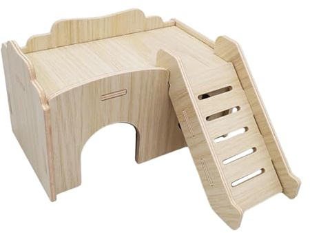 KIXZSAZ Elegantes Hamsterhaus Set mit Spielzeug aus glattem, abgerundetem Holz zum Knabbern und für Rennmauskäfige. Abnehmbares Versteck, Holzfarbe, 17 x 18.5 x 10 cm