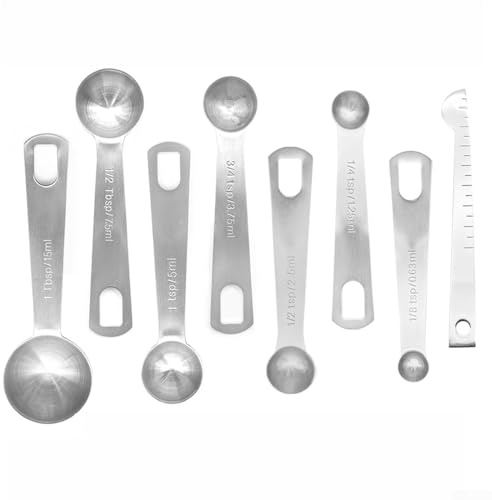 Lot de 9 cuillères à mesurer en acier inoxydable avec échelle ml/cuillère à café/cuillère à soupe, marquages bimétriques pour la cuisine et la pâtisserie, anneau amovible avec bords lisses, tige