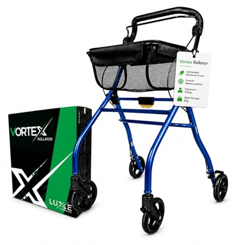 LuXe Mobility Vortex Indoor Rollator - Blue | Indoor Rollator with Tray | Easy Folding Walker for Small Spaces | Height Adjustable with Convenient Bag | Walker for Men and Women