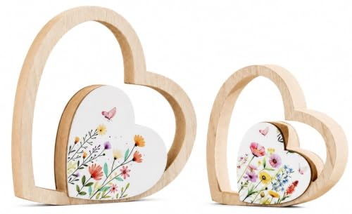 Herz Deko aus Holz 2er Set – Blumenwiese, Tischdeko Sommer, Fensterdeko, Deko Herzen zum Aufstellen, beidseitig Bedruckt, Landhausdeko, Geschenkidee, 11 & 15 cm