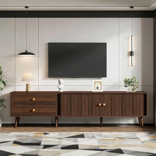 BENMWS Mueble para TV (180 x 40 x 46,5 cm, aspecto de madera de nogal, con dos cajones, soporte para TV, dos puertas enrollables y 7 patas, armario bajo para el salón)