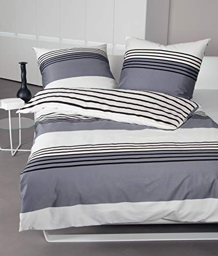 Janine Mako Satin Bettwäsche Silber schwarz 240 x 220 cm + 2 x 80 x 80 cm feinfädige Wendebettwäsche