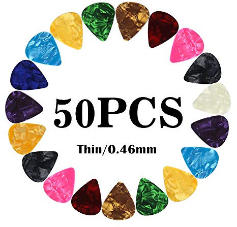 Guitar Picks Thin Light Soft Gauge Assorted Pearl Variety Pack Celluloid - 50 Pcs Mixed Colorful - Plectrums for Gift Acoustic Guitar, Bass and Electric Guitar - 0.46mm