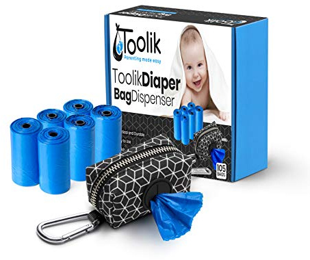 Toolik Diaper Bag Dispenser with 105 Disposable Unscented Waste Bags (7 Refill Rolls) for Baby and Toddler Poop or Dirty Clothes, Essential for Travel and Quick Change on The Go (3D Cubes)