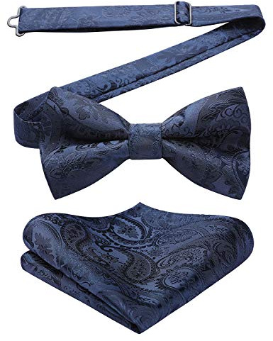 HISDERN Pajarita Hombre Azul Marino Paisley Preatada Conjunto de Pajaritas y Pañuelo de Bolsillo Ajustable Corbatín con Pañuelos para Fiesta Bodas