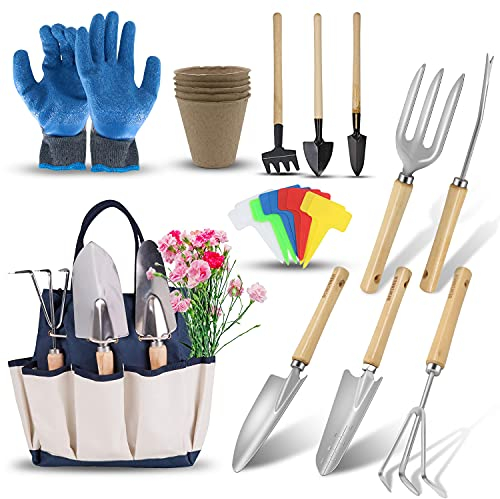 DEWINNER Juego de herramientas de jardinería – Juego de herramientas de jardín de 23 piezas, incluye bolsa de sujeción para guantes para hombres o mujeres