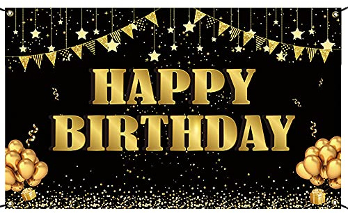 Geburtstag Party Dekorationen, Alles Gute zum Geburtstag Zeichen, Geburtstagsbanner, Schwarz Gold Geburtstag Poster Banner, für Geburtstagspartys, 185 * 110 cm/72,83 * 43,30 Zoll