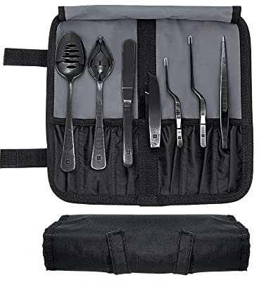 DOJA Barcelona | Kit Emplatar Chef | Color: Negro | 7 Utensilios de Cocina Profesional | Pinzas, Cuchara Perforada, Pinzas Desespinar Pescado, Chef Art Pencil, Espatula | Set Emplatado Cocinero