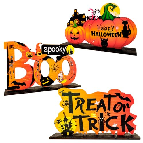 Morofme 3pcs Halloween Table Centerpiece Happy Halloween Table Decorations, Trick or Treat Pumpkin Boo Spooky Table Centerpieces Sign Wooden Halloween Ornaments for Halloween Party Supplies