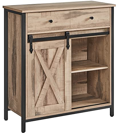 VASAGLE Sideboard, Küchenschrank, Aufbewahrungsschrank, mit Schiebetür, 30 x 70 x 80 cm, verstellbare Ablage, Landhausstil, für Wohnzimmer, eichenbraun-schwarz LSC100B50