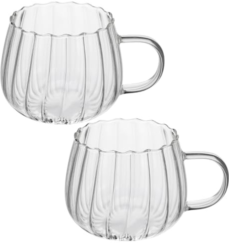 UPKOCH 2 Pack Glass Coffee Mugs, Pumpkin Shape Clear Tea Cups with Handle, Creative Glass Mugs for Coffee, Tea, Milk, Juice, Ice Cream, 350ml Transparent Breakfast Cups