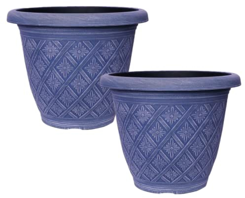 Fyne-Finds Set of 2 Round 33cm Garden Plant Pot Woven Flower Outdoor Deco Planter Frost Proof, Weatherproof, Drainage Hole (Blue)