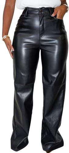 hibshaby Women Faux Leather Pants High Waisted Straight Leg Long Pants Zipper Fly Pu Trousers Black S