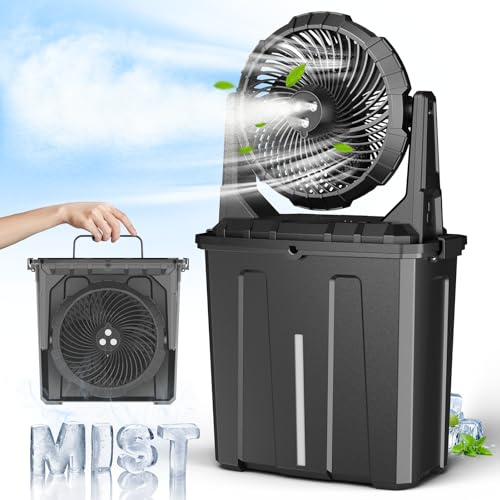 Ausic Ventilador de nebulización portátil de 9 L para patios al aire libre, 10 pulgadas, 20000 mAh, funciona con pilas, 3 vientos fuertes, 3 salidas de pulverización grandes, para pesca/viajes/jardín