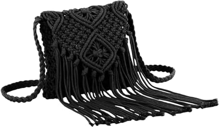 Fecialy Damen Sommer Strand Stroh Tasche Baumwolle gehäkelte Umhängetasche Umschlag Quaste Tasche mit Reißverschluss Umhängetasche,Schwarz