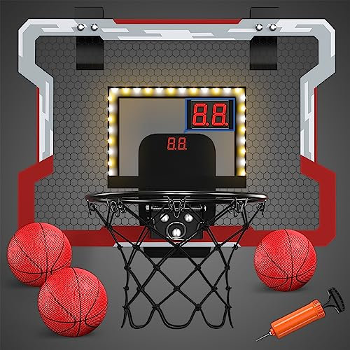 HYES Mini Basketballkorb für Kinder, Basketballkorb Set für Zimmer Basketball Set Mit LED-Licht, 3 Balls, Pumpe, Indoor Outdoor Basketballbrett, Sport Spielzeug Basketball Board