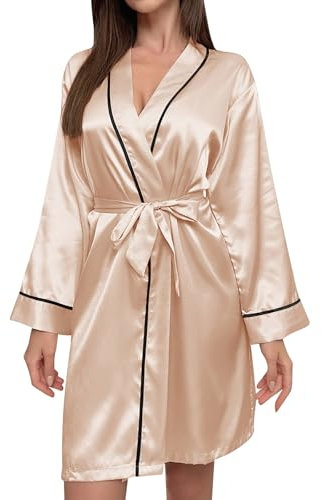Satin-Bademantel für Damen, leichter Morgenmantel, mit Taschen und Gürtel, bequeme Loungewear, Loungewear, Overall, Satin-Nachthemd, einfarbig, Nachtwäsche, Loungewear, rose gold, M