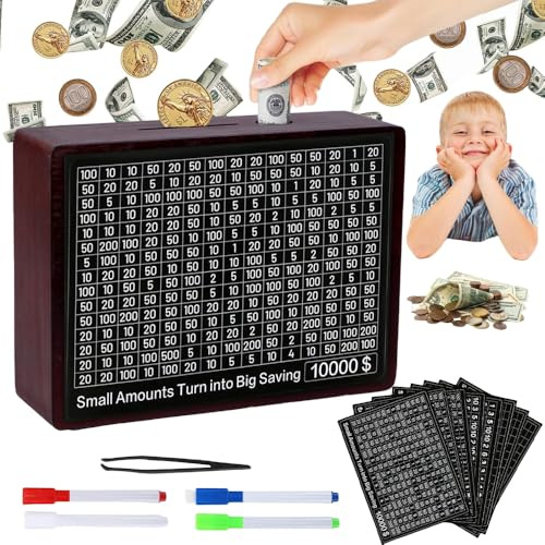 Spardose Holz, Spardose mit Zähler, Sparbox mit Zahlen Ankreuzen, Geld Sparen Box, Money Box with Ziel, Geldspar Challenge, Spardose €500 €1,000 €2,000 €3,000 €5,000, Keine Montage