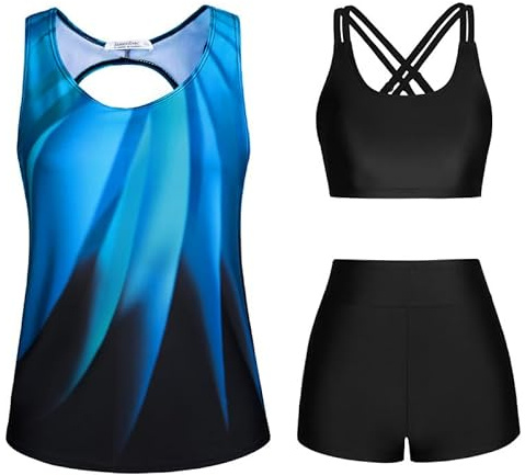 JASAMBAC Damen Bikini,3-Teiliger Tankini Damen Bauchweg, Push-Up-Bikinioberteil Und High Waist Badeshorts, Einfache Badebekleidung, Sport-Badeanzug, Bademode FüR Schwimmbad, Strand